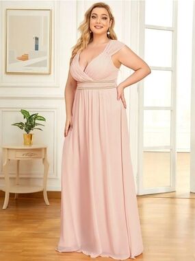 Ever Pretty Blush Pink V-Neck Pleated Maxi Gown with Beaded Waist